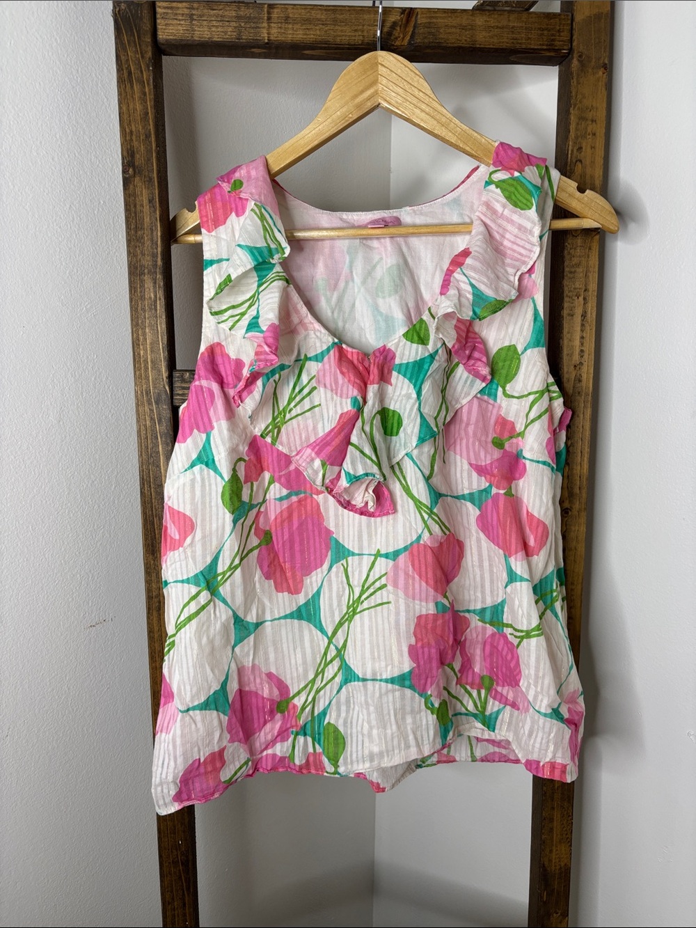 Lilly Pulitzer Vintage 2005 Floral Ruffle Sleeveless Blouse Style 97798 Size L